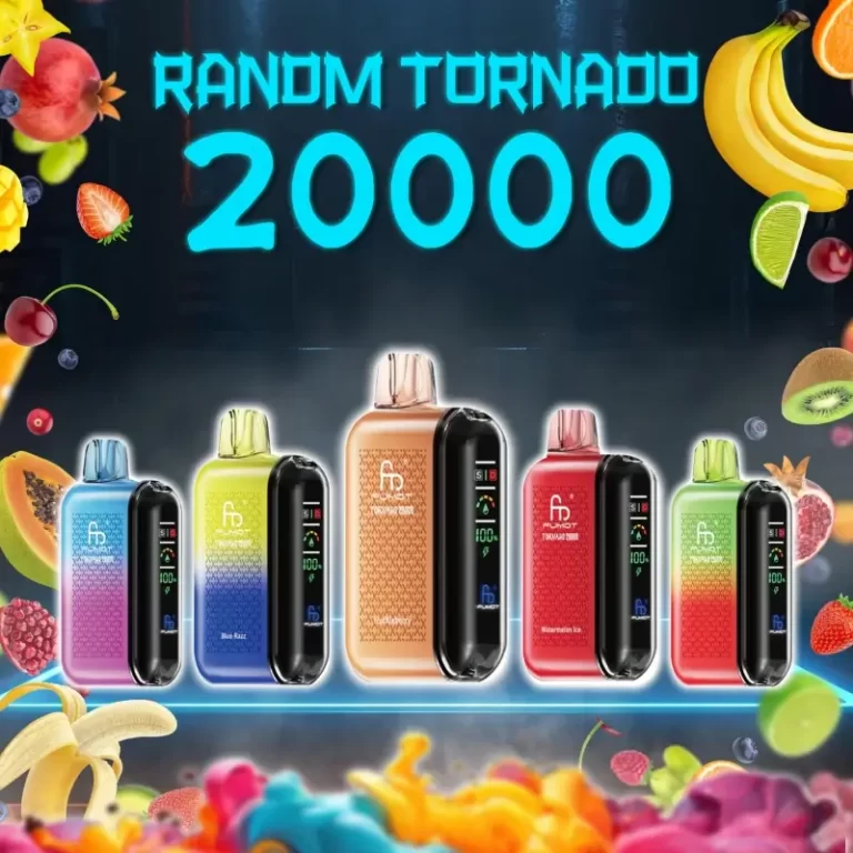 Lineup of RandM Tornado 20000 disposable vapes in multiple colors and flavors with fruit splashes in the background