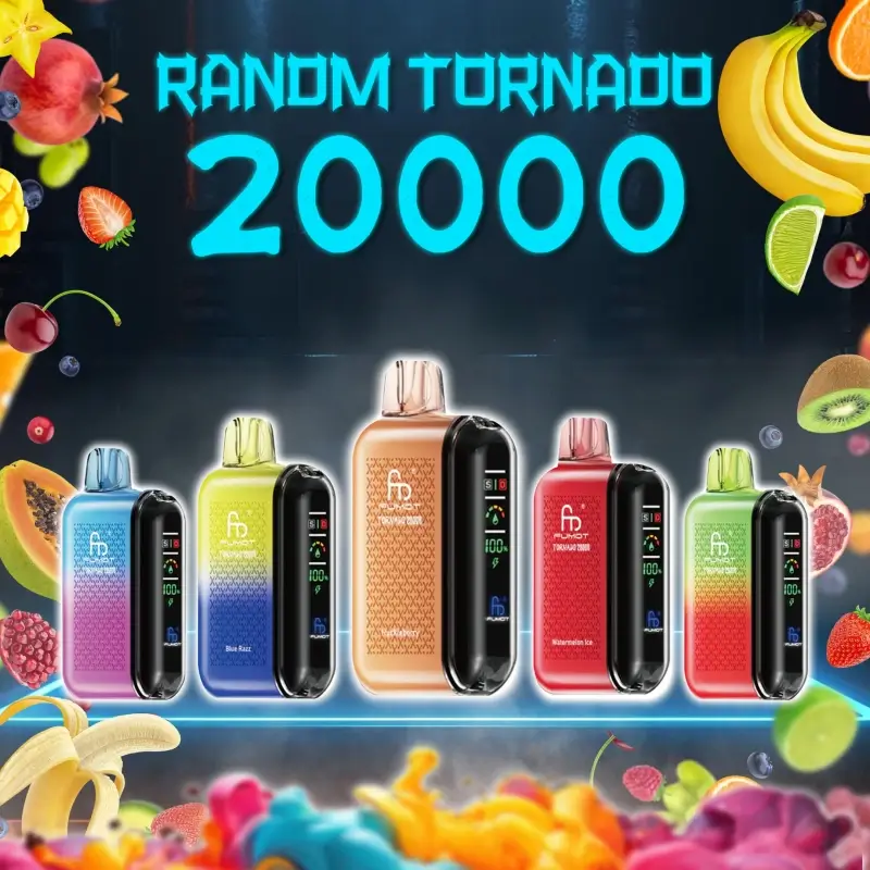 Lineup of RandM Tornado 20000 disposable vapes in multiple colors and flavors with fruit splashes in the background