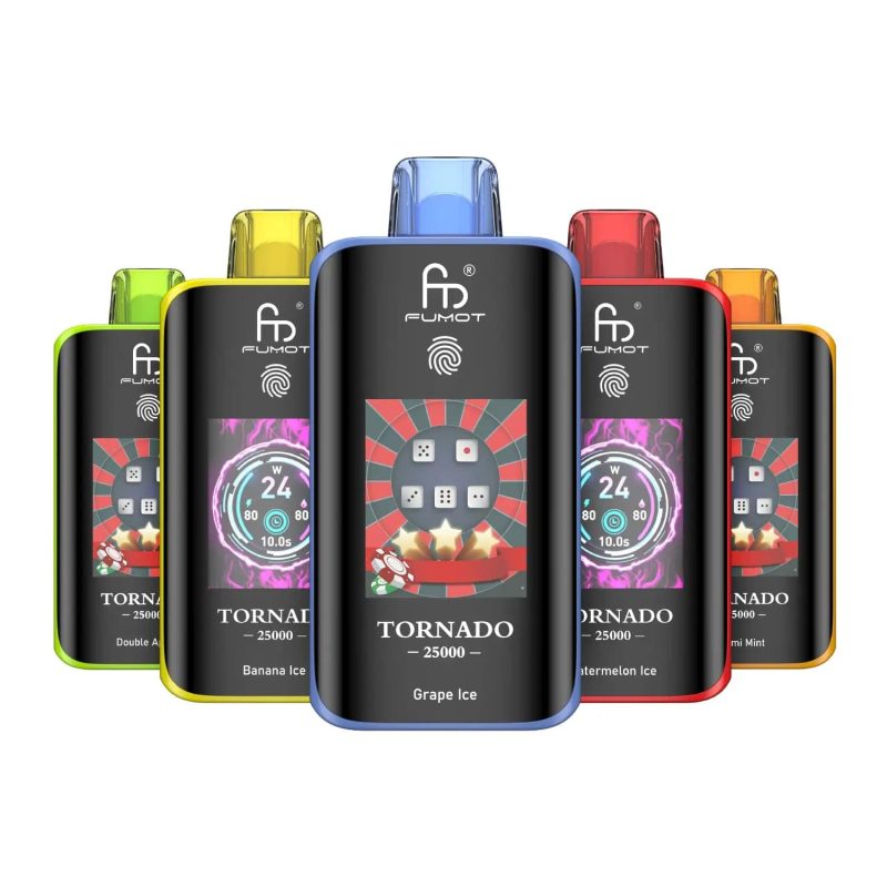 Fumot Tornado 25000 disposable vape devices in assorted flavors including Grape Ice, Banana Ice, Double Apple, Watermelon Ice, and Miami Mint