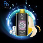 Fumot Tornado 25000 Banana Ice disposable vape with LED puff display, ice cubes, and banana slices on a dark cosmic background