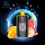 Fumot Tornado 25000 disposable vape in Peach Mango Watermelon flavor with fresh tropical fruits on a neon cosmic background