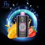 Fumot Tornado 25000 disposable vape in Strawberry Mango flavor with fresh mango slices and strawberries on a cosmic background