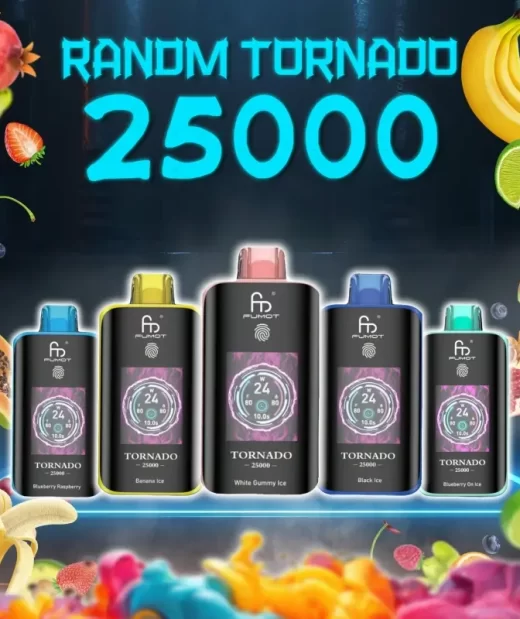 RandM Tornado 25000 puffs disposable vapes in assorted fruity flavors including Blueberry Raspberry, Banana Ice, White Gummy Ice, Black Ice, and Blueberry Ice