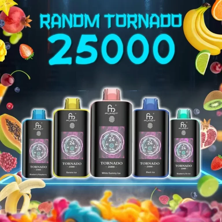 RandM Tornado 25000 puffs disposable vapes in assorted fruity flavors including Blueberry Raspberry, Banana Ice, White Gummy Ice, Black Ice, and Blueberry Ice