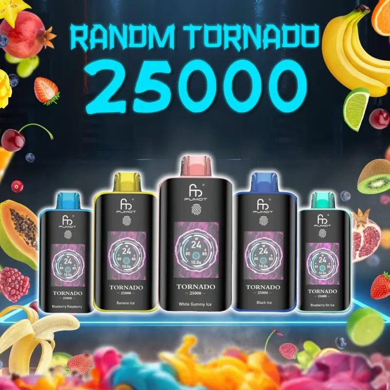 RandM Tornado 25000 puffs disposable vapes in assorted fruity flavors including Blueberry Raspberry, Banana Ice, White Gummy Ice, Black Ice, and Blueberry Ice