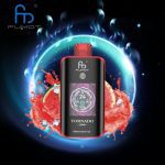 Fumot Tornado 25000 vape in Watermelon Ice flavor with red accents, watermelon splash and ice cubes, cosmic background