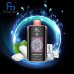 Fumot Tornado 25000 vape in White Gummy Ice flavor with mint leaves, white candy, and ice cubes on cosmic background