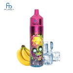 RandM Tornado 30K Banana Ice vape with pink top, graffiti skull design, bananas, and ice cubes on white background