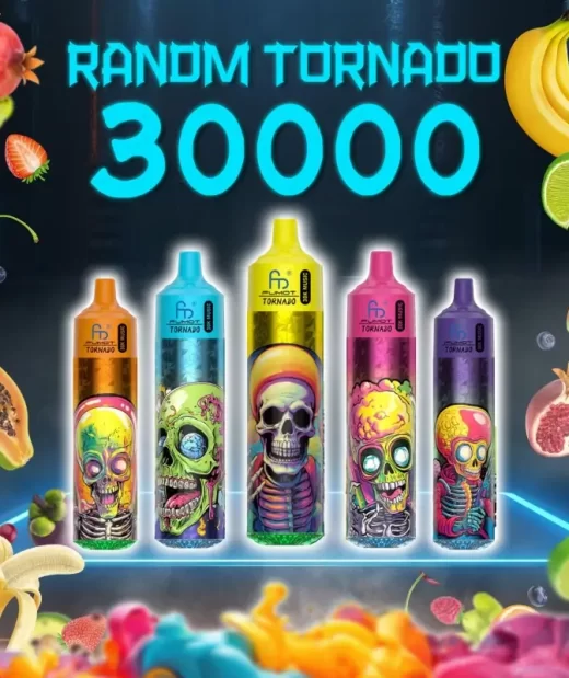 RandM Tornado 30000 puffs disposable vape collection with colorful skull-themed designs and assorted fruits on dark neon background