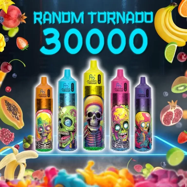 RandM Tornado 30000 puffs disposable vape collection with colorful skull-themed designs and assorted fruits on dark neon background