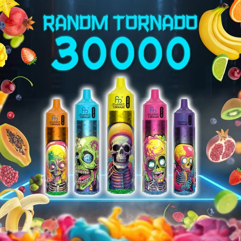 RandM Tornado 30000 puffs disposable vape collection with colorful skull-themed designs and assorted fruits on dark neon background