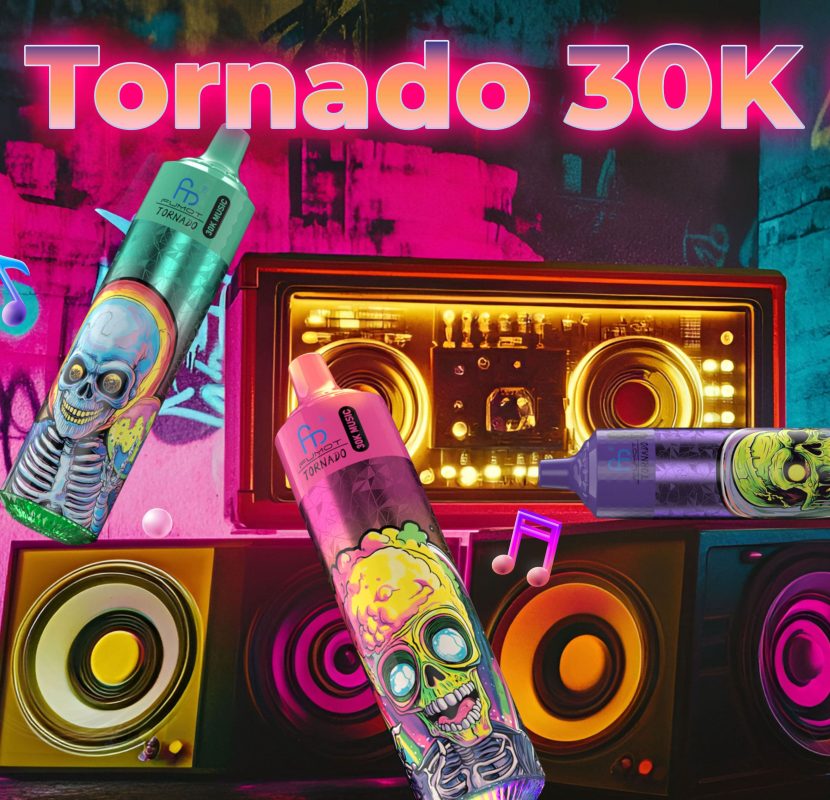 RandM Tornado 30K disposable vapes with neon skull designs floating in front of a retro boombox and colorful graffiti background