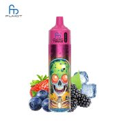 RandM Tornado 30K Dr Blue vape with pink top, alien skull design, surrounded by blueberries, blackberries, strawberries, and ice cubes