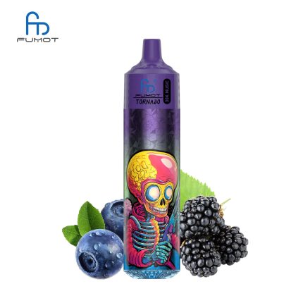 RandM Tornado 30K purple vape with skull design, featuring blackberries and blueberries