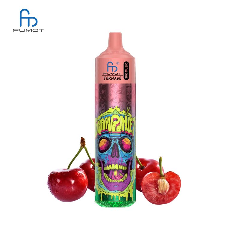 RandM Tornado 30K pink disposable vape with colorful skull design and fresh cherries
