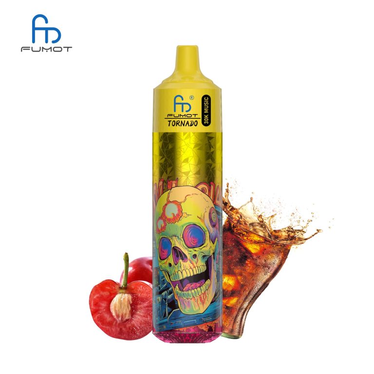 RandM Tornado 30K yellow vape with skull artwork, featuring cherry and cola splash