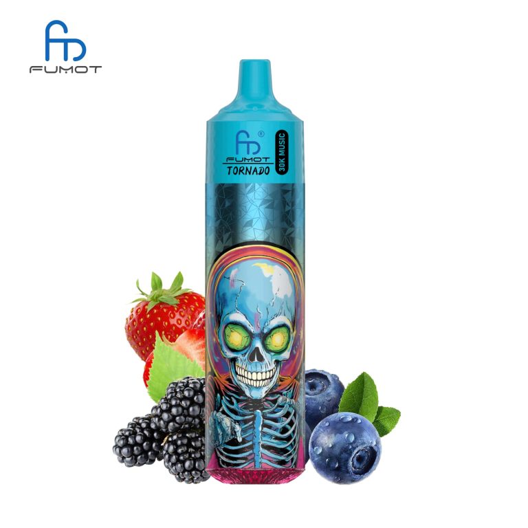RandM Tornado 30K vape in blue with skull art design and assorted berries including strawberry, blueberry, and blackberry