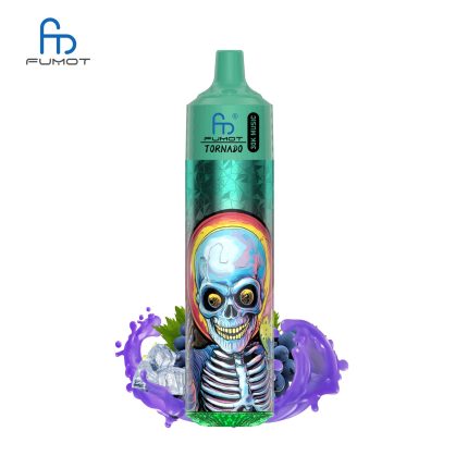 RandM Tornado 30K green vape with skull design surrounded by grape ice flavor elements and splash effects
