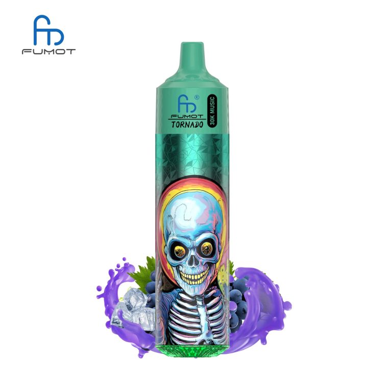 RandM Tornado 30K green vape with skull design surrounded by grape ice flavor elements and splash effects