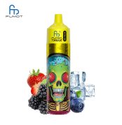 RandM Tornado 30K yellow vape with green skull design, surrounded by blueberries, blackberries, strawberries, and ice cubes