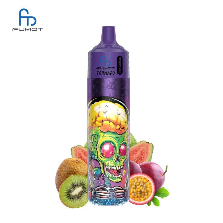 RandM Tornado 30K purple vape with green skull design, surrounded by kiwi, passion fruit, and guava