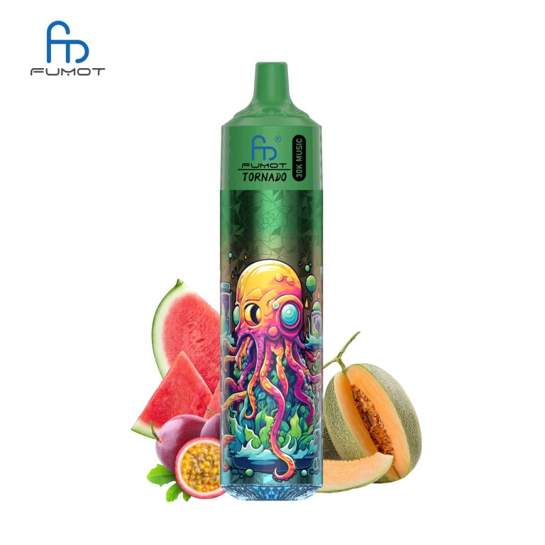 RandM Tornado 30K green vape with colorful octopus design and tropical fruits including watermelon, cantaloupe, and passion fruit