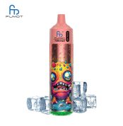 RandM Tornado 30K vape with pink top, candy monster graphic, and ice cubes for a sweet and icy flavor profile
