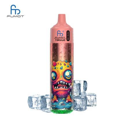 RandM Tornado 30K vape with pink top, candy monster graphic, and ice cubes for a sweet and icy flavor profile