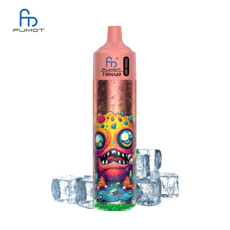 RandM Tornado 30K vape with pink top, candy monster graphic, and ice cubes for a sweet and icy flavor profile
