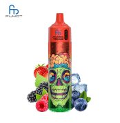 RandM Tornado 30K vape in red-orange with colorful skull design, surrounded by strawberries, blackberries, blueberries, raspberries, and ice cubes