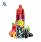RandM Tornado 30K red vape device with colorful skull design, surrounded by peaches, raspberries, and blackberries