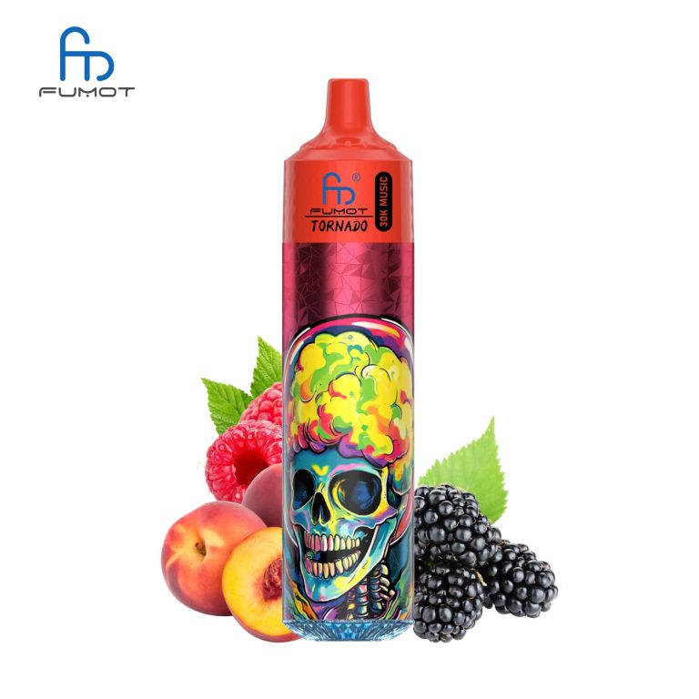 RandM Tornado 30K red vape device with colorful skull design, surrounded by peaches, raspberries, and blackberries