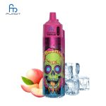 RandM Tornado 30K pink vape with green skull design, surrounded by fresh peach slices and ice cubes