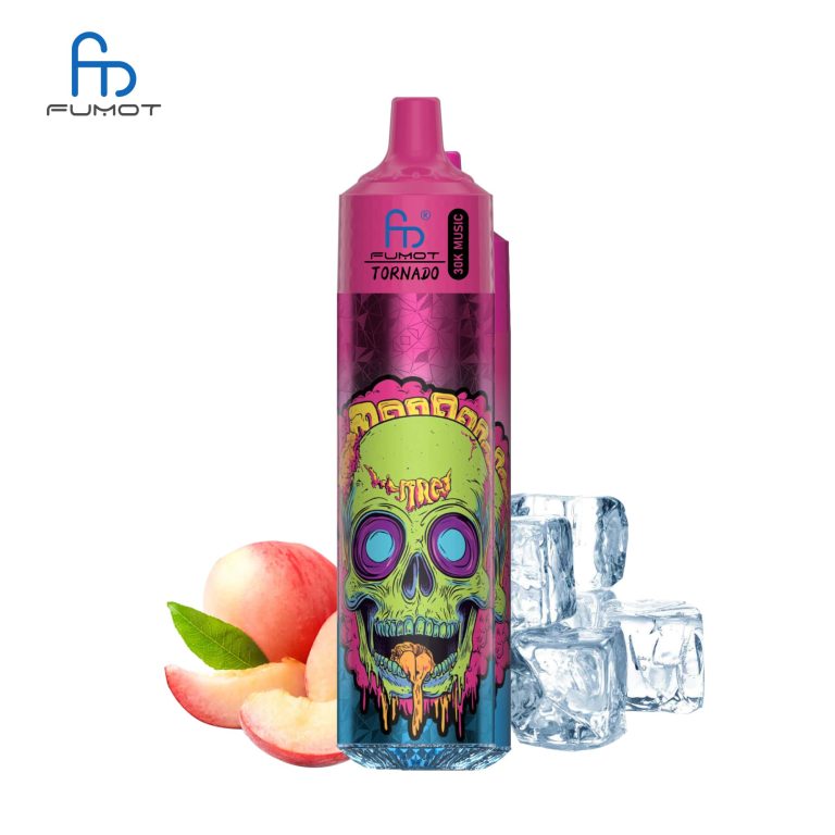 RandM Tornado 30K pink vape with green skull design, surrounded by fresh peach slices and ice cubes