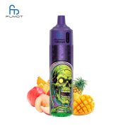 RandM Tornado 30K purple vape with neon green skull artwork, surrounded by peach slices, mango cubes, and pineapple