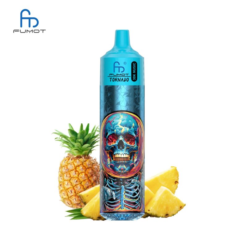 RandM Tornado 30K vape with blue body and vivid skull artwork, surrounded by fresh pineapple slices
