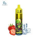 RandM Tornado 30K vape with bright yellow top and graffiti-style green skull, placed with strawberries and ice cubes