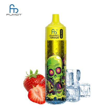 RandM Tornado 30K vape with bright yellow top and graffiti-style green skull, placed with strawberries and ice cubes