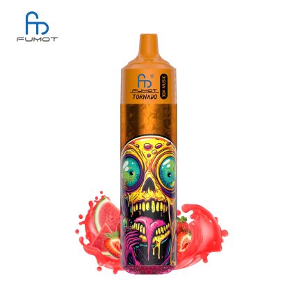 RandM Tornado 30K vape with orange cap and colorful monster skull design, surrounded by strawberries and watermelon splash