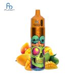RandM Tornado 30K vape with orange mouthpiece and green skull design, surrounded by ripe mangoes and vibrant artwork