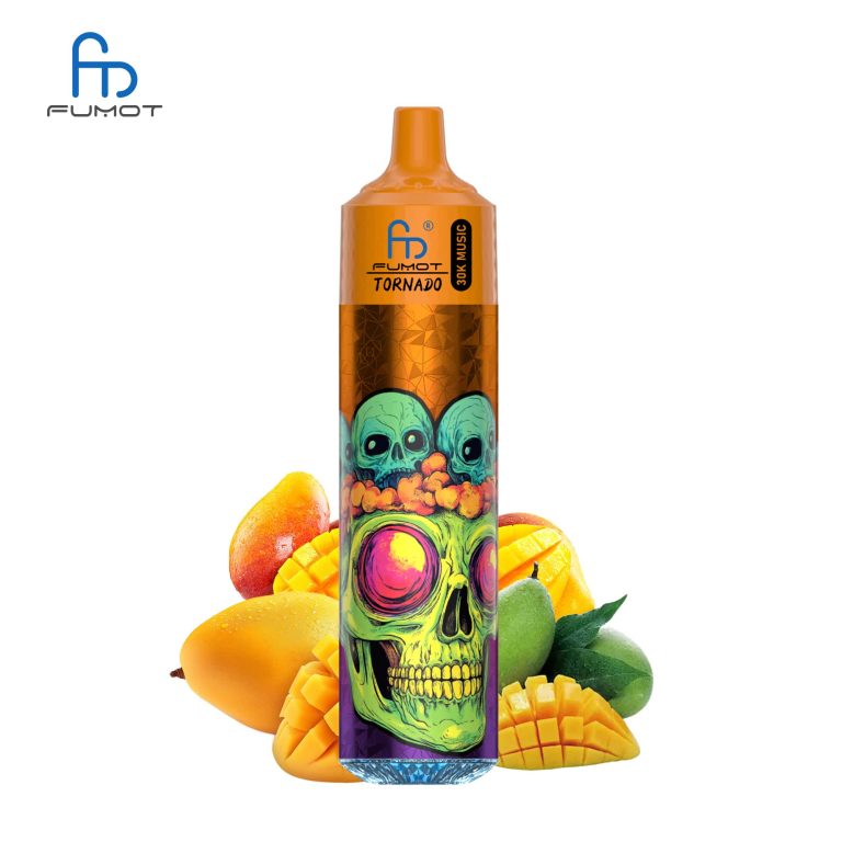 RandM Tornado 30K vape with orange mouthpiece and green skull design, surrounded by ripe mangoes and vibrant artwork
