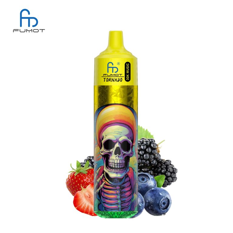 RandM Tornado 30K vape with yellow cap and skull design, surrounded by strawberries, blueberries, and blackberries