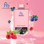 Fumot Tornado 35K disposable vape in Blueberry Raspberry flavor with dual digital screen and fruit splash background