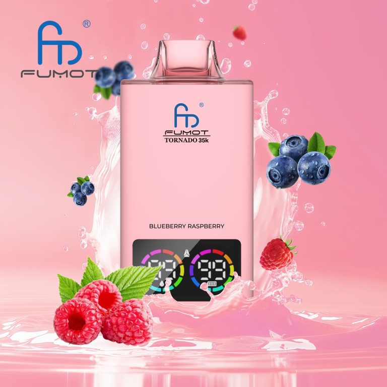 Fumot Tornado 35K disposable vape in Blueberry Raspberry flavor with dual digital screen and fruit splash background