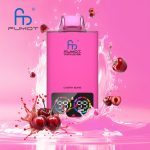 Fumot Tornado 35K disposable vape in Cherry Bomb flavor with cherries and splash background, featuring dual digital display