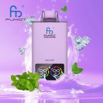 Fumot Tornado 35K disposable vape in Cool Mint flavor with ice cubes and mint leaves on a purple splash background