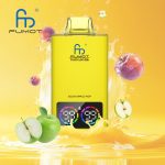 Fumot Tornado 35K disposable vape in Sour Apple Pop flavor with green apples, bubbles, and a vibrant yellow splash background