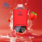Fumot Tornado 35K disposable vape in Strawberry Watermelon flavor with fresh strawberries and watermelon slices on a splash red background