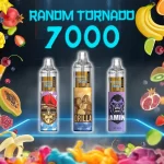 Three RandM Tornado 7000 disposable vapes featuring Gorilla, Gaming, and Urban designs, surrounded by a colorful mix of fruits including banana, kiwi, strawberry, and pomegranate.