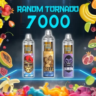 Three RandM Tornado 7000 disposable vapes featuring Gorilla, Gaming, and Urban designs, surrounded by a colorful mix of fruits including banana, kiwi, strawberry, and pomegranate.